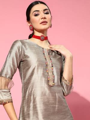 Indo Era Grey Embroidered Straight Kurta Trouser With Dupatta Set 5