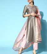 Indo Era Grey Embroidered Straight Kurta Trouser With Dupatta Set