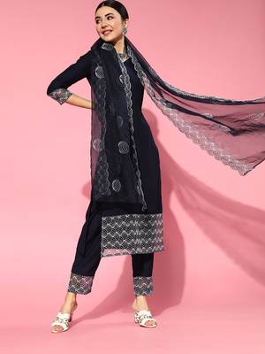 Indo Era Navy Blue Embroidered Strraight Kurta Trouser With Dupatta Set 1