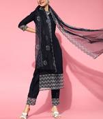 Indo Era Navy Blue Embroidered Strraight Kurta Trouser With Dupatta Set