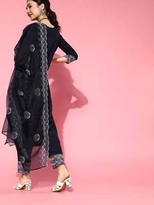 Indo Era Navy Blue Embroidered Strraight Kurta Trouser With Dupatta Set 2