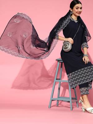 Indo Era Navy Blue Embroidered Strraight Kurta Trouser With Dupatta Set 3