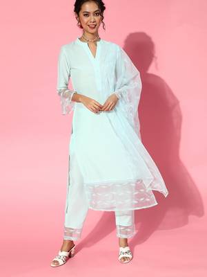 Indo Era Blue Solid Straight Kurta Trouser With Dupatta Set 1