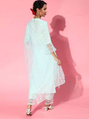 Indo Era Blue Solid Straight Kurta Trouser With Dupatta Set 2