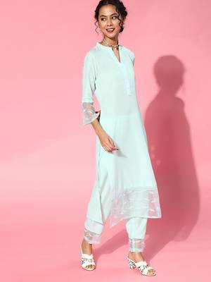 Indo Era Blue Solid Straight Kurta Trouser With Dupatta Set 3