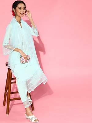 Indo Era Blue Solid Straight Kurta Trouser With Dupatta Set 4