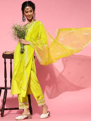 Indo Era Olive Embroidered Straight Kurta Trouser With Dupatta Set 1