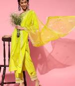 Indo Era Olive Embroidered Straight Kurta Trouser With Dupatta Set