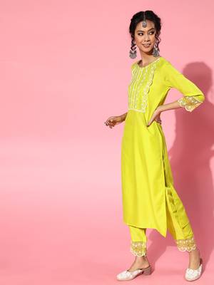 Indo Era Olive Embroidered Straight Kurta Trouser With Dupatta Set 3