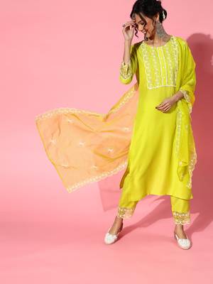 Indo Era Olive Embroidered Straight Kurta Trouser With Dupatta Set 4