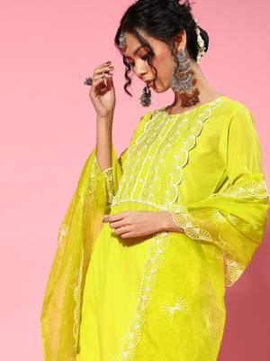 Indo Era Olive Embroidered Straight Kurta Trouser With Dupatta Set 5