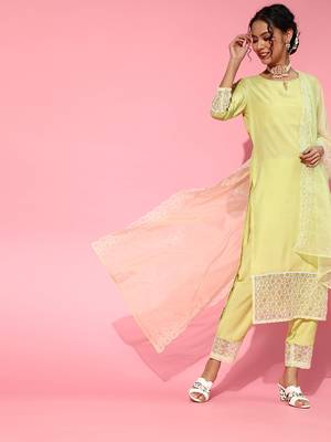 Indo Era Olive Embroidered Straight Kurta Trouser With Dupatta Set 1