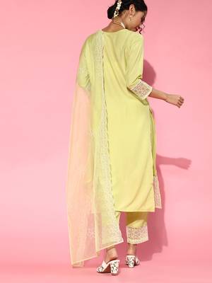 Indo Era Olive Embroidered Straight Kurta Trouser With Dupatta Set 2