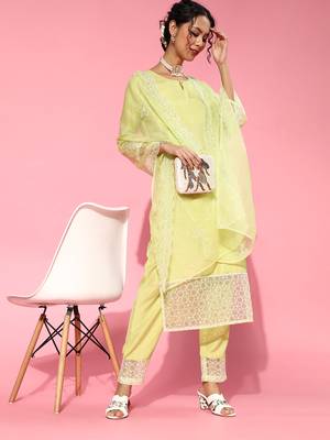 Indo Era Olive Embroidered Straight Kurta Trouser With Dupatta Set 4