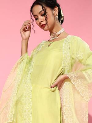 Indo Era Olive Embroidered Straight Kurta Trouser With Dupatta Set 5