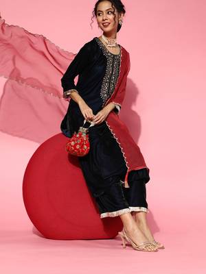 Indo Era Navy Blue Embroidered Straight Kurta Palazzo With Dupatta Set 1