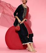 Indo Era Navy Blue Embroidered Straight Kurta Palazzo With Dupatta Set