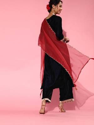 Indo Era Navy Blue Embroidered Straight Kurta Palazzo With Dupatta Set 2