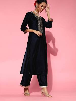 Indo Era Navy Blue Embroidered Straight Kurta Palazzo With Dupatta Set 3