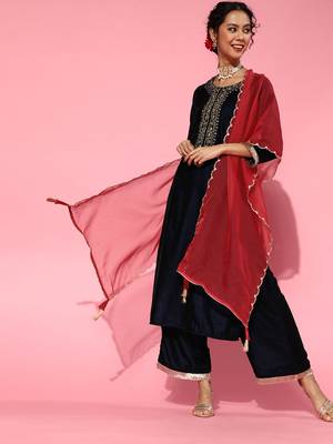 Indo Era Navy Blue Embroidered Straight Kurta Palazzo With Dupatta Set 4