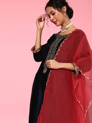 Indo Era Navy Blue Embroidered Straight Kurta Palazzo With Dupatta Set 5