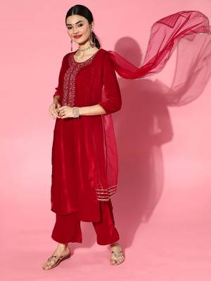 Indo Era Red Embroidered Straight Kurta Palazzo With Dupatta set 1