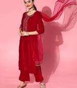 Indo Era Red Embroidered Straight Kurta Palazzo With Dupatta set