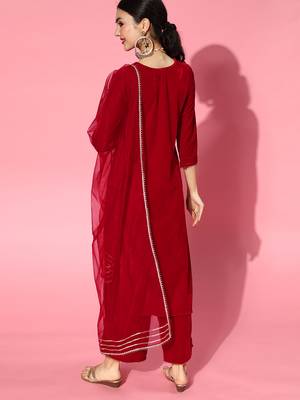 Indo Era Red Embroidered Straight Kurta Palazzo With Dupatta set 2