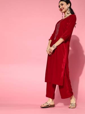 Indo Era Red Embroidered Straight Kurta Palazzo With Dupatta set 3