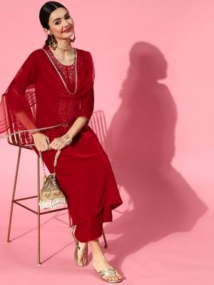 Indo Era Red Embroidered Straight Kurta Palazzo With Dupatta set 4