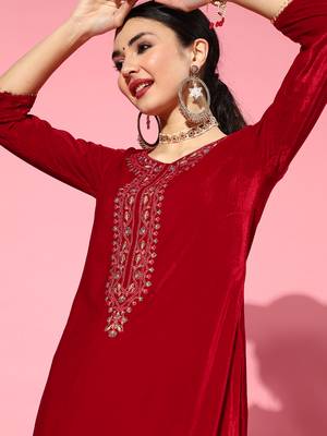 Indo Era Red Embroidered Straight Kurta Palazzo With Dupatta set 5