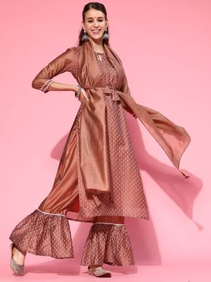 Indo Era Brown Printed Straight Kurta Sharara With Dupatta Set 1