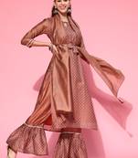 Indo Era Brown Printed Straight Kurta Sharara With Dupatta Set