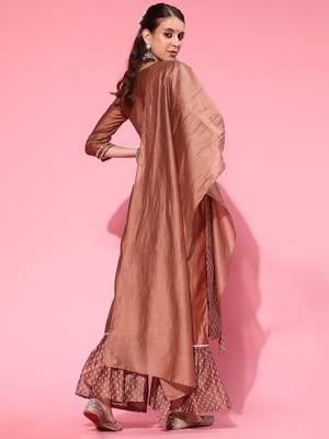 Indo Era Brown Printed Straight Kurta Sharara With Dupatta Set 2