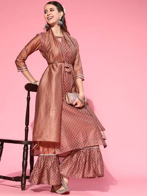 Indo Era Brown Printed Straight Kurta Sharara With Dupatta Set 4