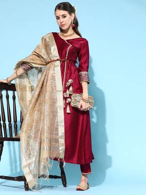 Indo Era Wine Solid Angrakha Kurta Trouser With Dupatta Set 1