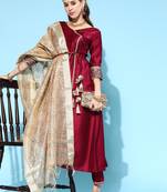 Indo Era Wine Solid Angrakha Kurta Trouser With Dupatta Set
