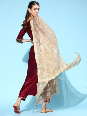 Indo Era Wine Solid Angrakha Kurta Trouser With Dupatta Set 2