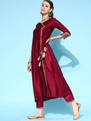 Indo Era Wine Solid Angrakha Kurta Trouser With Dupatta Set 3