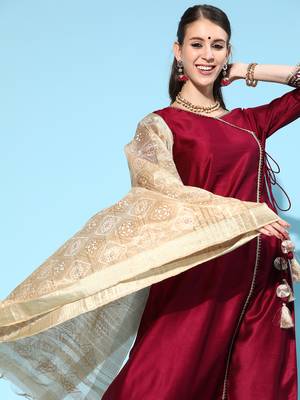Indo Era Wine Solid Angrakha Kurta Trouser With Dupatta Set 4