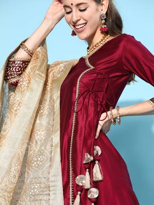 Indo Era Wine Solid Angrakha Kurta Trouser With Dupatta Set 5