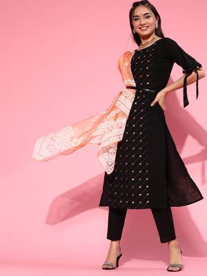 Indo Era Black Embroidered Straight Kurta Trouser With Dupatta Set 1