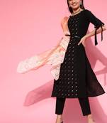 Indo Era Black Embroidered Straight Kurta Trouser With Dupatta Set