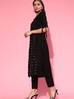 Indo Era Black Embroidered Straight Kurta Trouser With Dupatta Set 3
