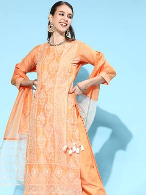 Indo Era Peach Printed Straight Kurta Palazzo With Dupatta Set 1