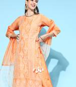 Indo Era Peach Printed Straight Kurta Palazzo With Dupatta Set
