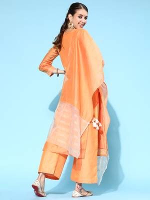 Indo Era Peach Printed Straight Kurta Palazzo With Dupatta Set 2