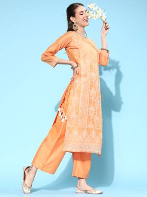 Indo Era Peach Printed Straight Kurta Palazzo With Dupatta Set 3