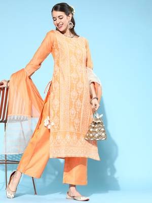 Indo Era Peach Printed Straight Kurta Palazzo With Dupatta Set 4