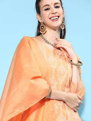 Indo Era Peach Printed Straight Kurta Palazzo With Dupatta Set 5
